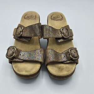 Dansko Brown Iridescent Double Strap Buckle Wedge‎ Sandals Leather Size Sz 36 EU